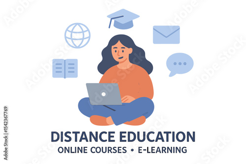 Vector illustration in a flat style depicting a young woman with a laptop, surrounded by simple flat icons, representing distance education, online courses, and e-learning through flyer, banner