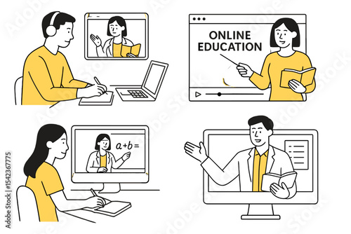 Concept illustrations for an online education business, featuring a collection of scenes with men and women participating in educational activities
