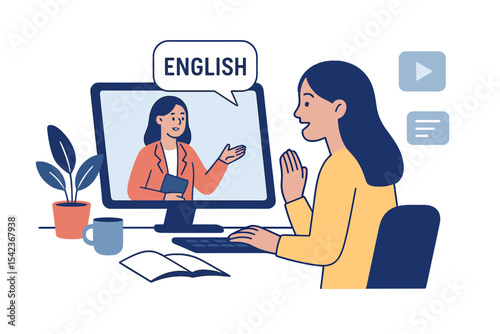 The concept of e-learning and online education is depicted in a vector flat illustration of a female teacher conducting an online English course on a computer