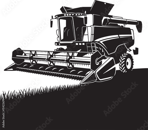 Black and white illustration of a combine harvester harvesting