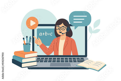 The concept of distance learning or online education is depicted through a vector flat illustration of a teacher on a laptop computer monitor, representing an E-learning platform in the new normal