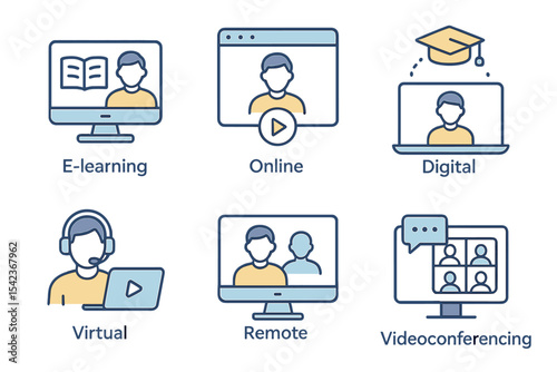 A set of linear icons representing distance education is available, including e-learning, online, digital, virtual, remote, videoconferencing, and telecommunication line vector signs, as well as