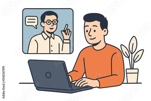 A male is taking an online course using a laptop with the guidance of a tutor, embodying the work-from-home concept, with an illustration depicting e-learning