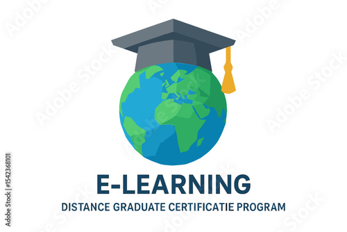 Concept of e-learning distance graduate certificate program, represented by a low poly 3D render of a graduation cap on a planet Earth world map banner template, symbolizing internet education