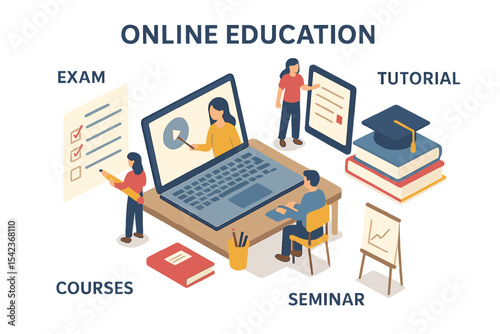 College research or exam, online tutorial and teaching infographic, courses and seminar or class, desk of knowledge concept with characters and text in flat isometric vector illustration