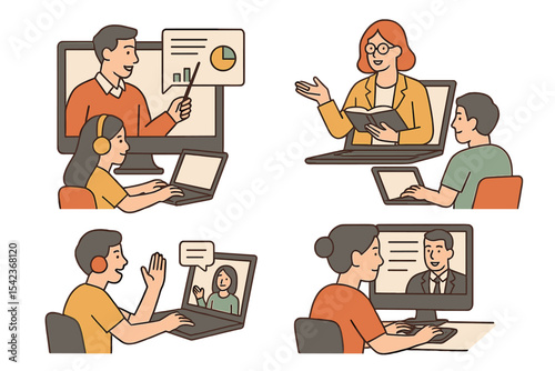 The concept of online education or e-learning is depicted with teachers and students utilizing computers and laptops across four distinct scenes in a colorful vector illustration that includes copy