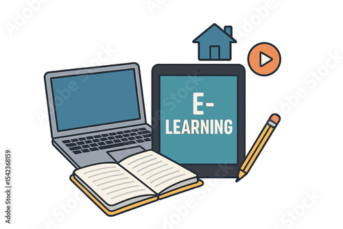 Vector illustration of e-learning education background design featuring a tablet device with e-learning text and online education elements including laptop, notebook, and home distance learning icon