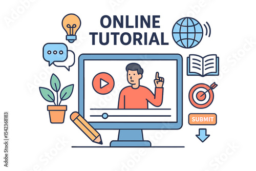 The concept of an online web learning internet tutorial website is represented through a vector flat graphic design simple illustration