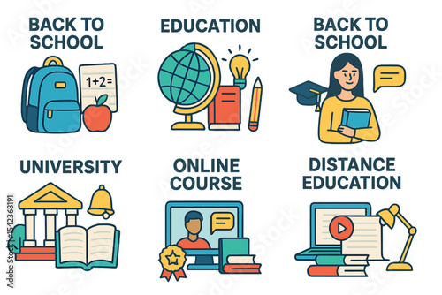 Concepts related to going back to school, presented through vector illustrations of educational posters and banners