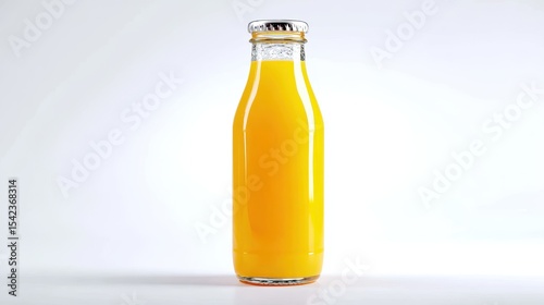 A refreshing bottle of yellow juice stands against a bright white backdrop, sealed with a silver cap and poised for a thirst-quenching delight.