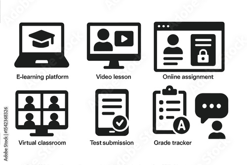 Representative symbols of digital education include e-learning platforms, video lessons, online assignments, class logins, virtual classrooms, test submission icons, grade trackers, and chat