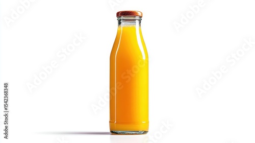 A glass bottle with a brown cap filled with orange juice, set against a white background. Healthy breakfast drink.