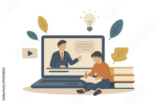 The concept of a tiny person studying represents knowledge acquisition for university students, set against a transparent background, highlighting online classes and e-learning through distant