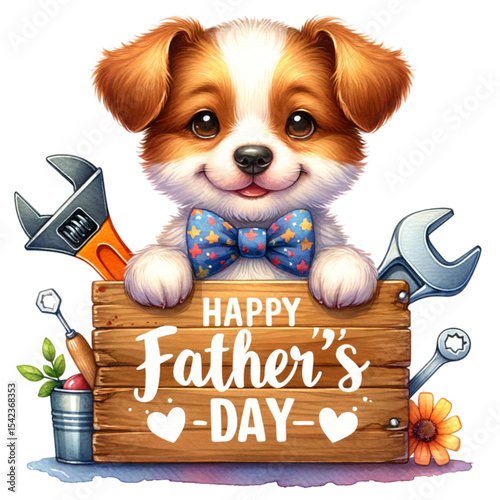 A Heartfelt Tribute: Adorable puppy with bow tie holding a wood sign to celebrate father's day surrounded by tools and a sunflower, portraying the love and appreciation for fathers everywhere.