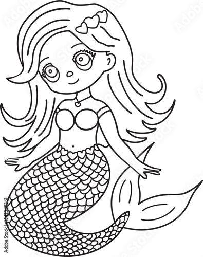 Mermaid cute Outline vector illustration Hand-drawn art line Great for coloring book, greeting cards, educational material, kids party invitations