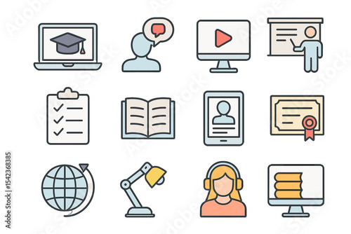 A set of thin line icons for e-learning and online education is available, featuring a symbol collection on a transparent background with editable vector strokes in 512x512 pixel perfect resolution