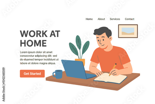 Vector illustration representing a man working or learning at a table, symbolizing freelance and home office concepts for posters, banners, websites, and advertisements