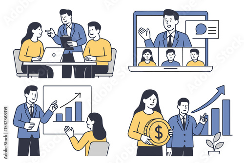 Flat vector illustration design style concept features business cartoon characters, team collaboration, and online video conference meetings, along with business planning, data analysis, and finance