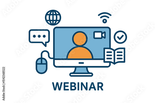 Webinar, internet conference, web based seminar, online education, e-learning flat design concept’ is rephrased as ‘Online education flat design concept, including webinars, internet conferences, and