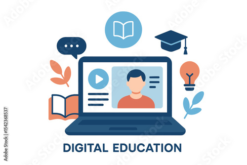 The concept of digital education is depicted on a laptop computer through a vector flat illustration of online courses or distance learning
