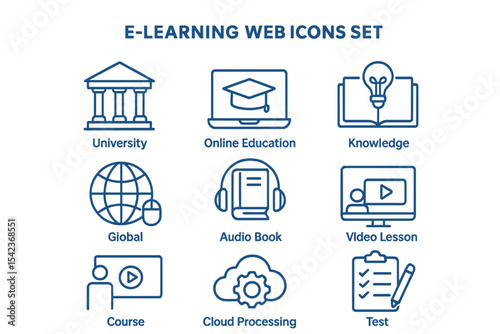 A set of e-learning web icons is presented in a blue line design, encompassing various symbols for university, online education, knowledge, global, audio book, video lesson, course, cloud processing