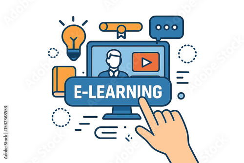 Innovative online education and internet technology concept represented by e-learning, with a closeup of a finger about to press a button, symbolizing webinars, teaching, and online training courses