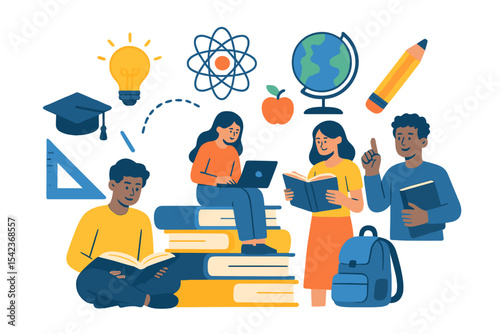 Vector illustration of education and knowledge books is presented in a flat style cartoon background with people studying and school items for learning