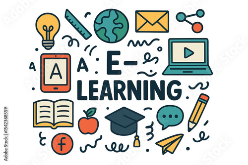 A poster featuring lettering and doodle education, along with e-learning icons