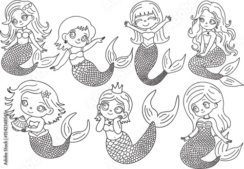 Set of cute mermaids Outline vector illustration Hand-drawn art line Great for coloring book, greeting cards, educational material, kids party invitations