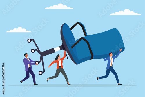 Vector illustration of a group of business people carrying a giant chair, representing strong teamwork, collaboration, and joint effort to support leadership and shared success
