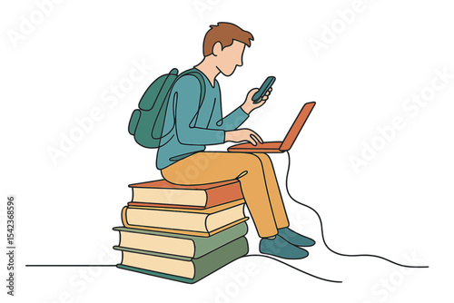A male college student is depicted sitting on a pile of books while typing on a laptop and smartphone in a single continuous line drawing, symbolizing online education through dynamic one-line