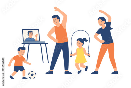 People of all ages engage in athletic activities at their residence with an instructor through online video meetings