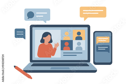Online education and work are now accessible through various digital platforms, including virtual classes and chat windows, all made possible with devices like laptops and smartphones, as depicted in