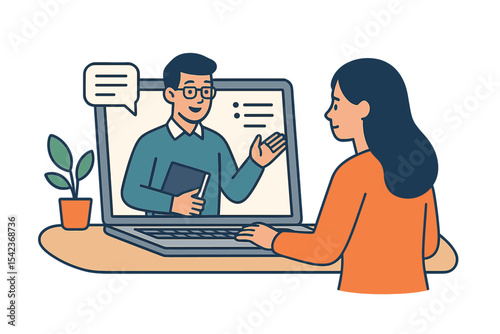 Modern flat vector illustration of a male teacher on a laptop screen and a female student watching an online course, representing online education and home schooling