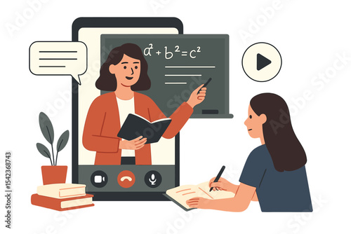 The concept of e-learning and online education is depicted in a vector flat illustration of a female teacher teaching students via video call on a smartphone
