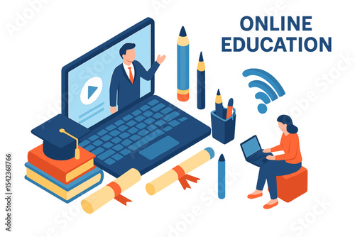 The concept of 3D isometric online education can be utilized for web banners or infographics, presented as a vector illustration in eps10 format