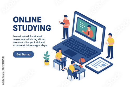 The isometric landing page for online studying features distance learning and modern online education, including professional seminars and courses, all utilizing digital technology and devices, set