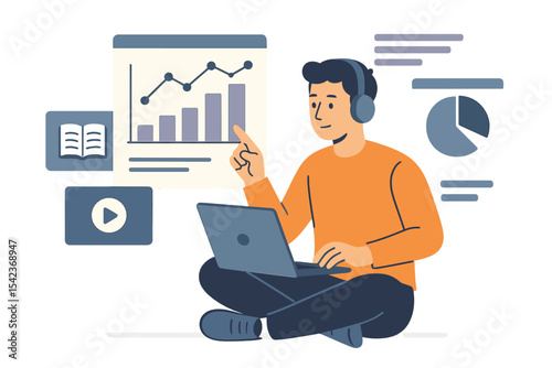 A cartoon man is shown analyzing data and studying online in a virtual world from his isolated flat, representing the vector e-learning of the future and innovation progress