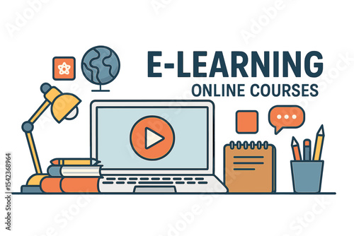 Vector illustration of e-learning online education banner featuring laptop computer devices and school elements on a desk for home study and tutorial with text about online courses