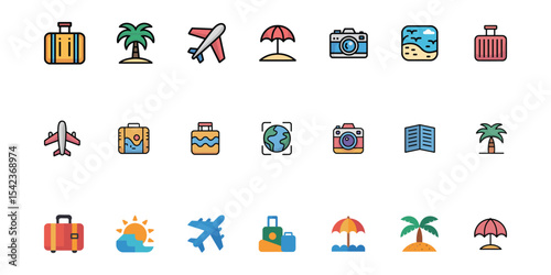 A set of colorful travel icons for vacation and tourism
