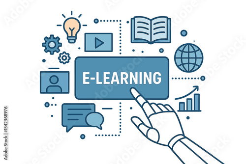 Innovative online education and internet technology concept, e-learning, is represented by a robotic hand touching a digital interface, including webinars, teaching, and online training courses for
