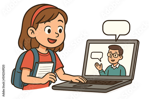 A cartoon character of a young teenage girl student is watching an online course webinar on her laptop computer