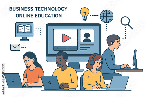 online educational technology with pupils utilizing computers linked to e-learning and academic concepts, presented in a flat vector cartoon illustration design