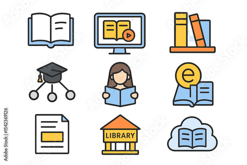 Online digital learning media and e-learning documents are represented by a set of icons for education, including a library book, school, and study course, all in a cloud-based vector line