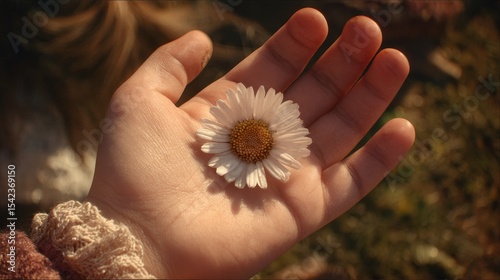 A flower resting in the palm of a hand, creating a scene of delicate beauty and nature's simple elegance. A very lovely scene.
