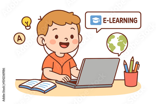The young child is completing their homeschooling using a laptop connected to the internet for online courses and e-learning, which incorporates various web elements