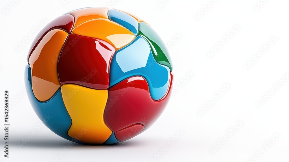 Obraz premium A vibrant and glossy puzzle ball with an array of colorful pieces rests elegantly on a stark white background, symbolizing playfulness and creativity in design.