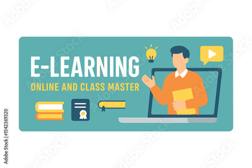 E-learning and class master banner template design is available online with a free simple text effect in a graphic style panel