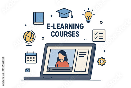 Illustration of online education featuring e-learning courses, a platform for online classes, educational icons, and a laptop computer shown from the side