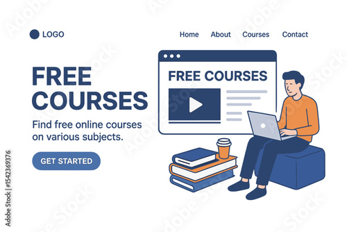 Template for a website banner promoting free courses, featuring a vector illustration of a contemporary website design with an isometric person engaged in online learning from a source of free